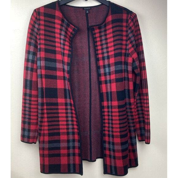Talbots Open Front Blazer Women's Medium Black Red Blue Plaid Long Jacket Office - Picture 1 of 12